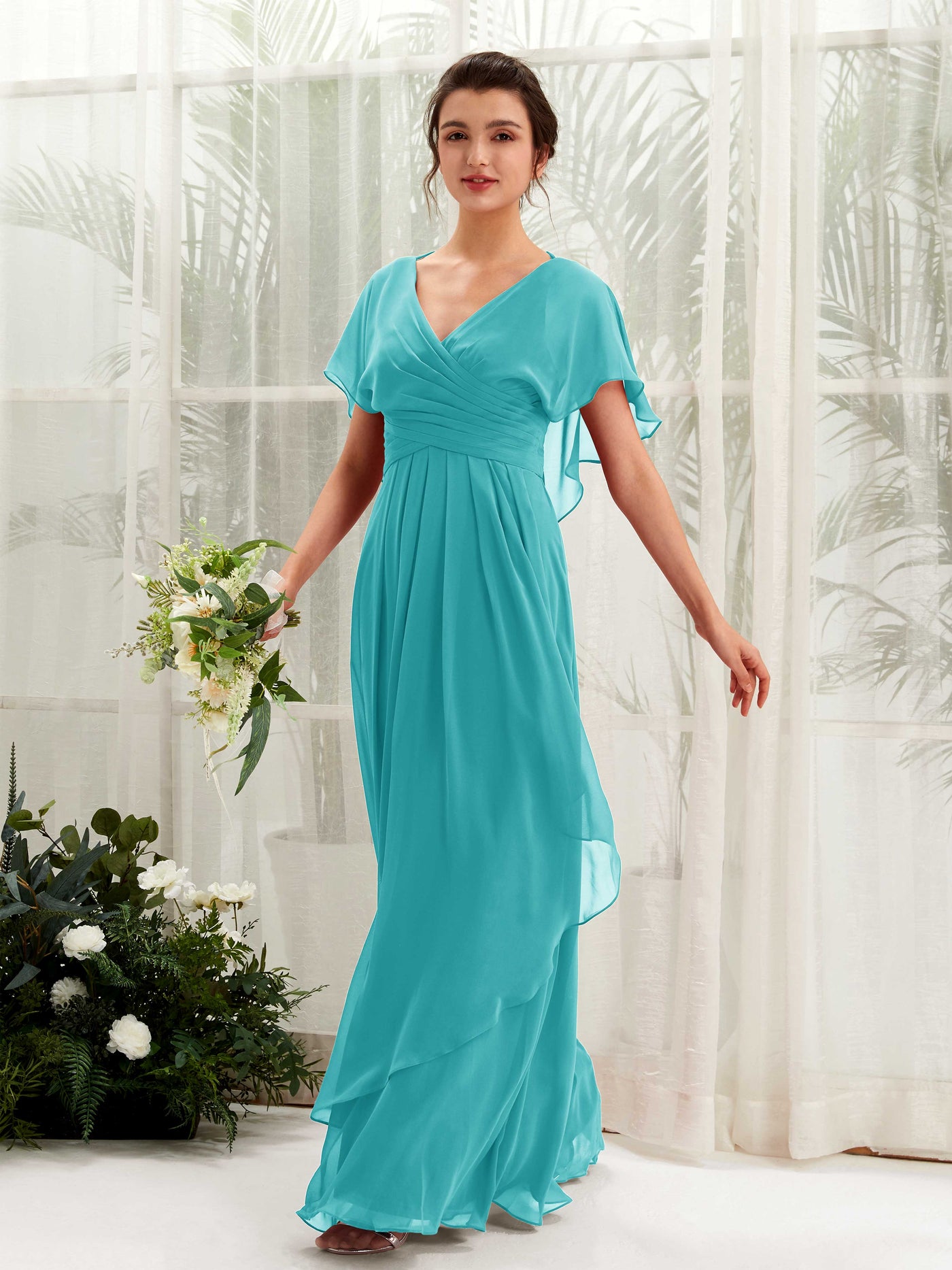 Open back V-neck Short Sleeves Chiffon Bridesmaid Dress - Turquoise (81226123)#color_turquoise