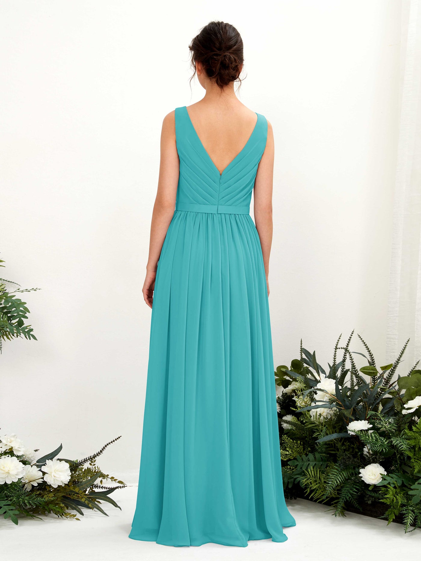 Turquoise Bridesmaid Dresses Bridesmaid Dress A-line Chiffon V-neck Full Length Sleeveless Wedding Party Dress (81223623)#color_turquoise