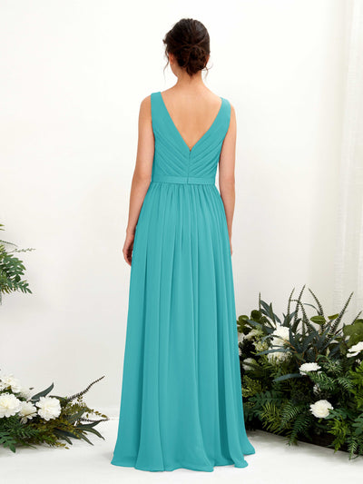Carlyna Barbara A-Line Turquoise Bridesmaid Dress Maxi Sleeveless V-Neck Dress Back View #color_turquoise