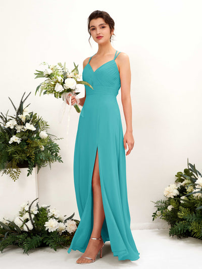 Turquoise Bridesmaid Dresses Bridesmaid Dress A-line Chiffon Spaghetti-straps Full Length Sleeveless Wedding Party Dress (81225423)#color_turquoise