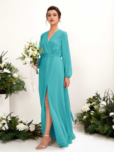 Turquoise Bridesmaid Dresses Bridesmaid Dress A-line Chiffon V-neck Full Length Long Sleeves Wedding Party Dress (81223223)#color_turquoise