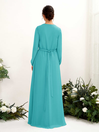 Carlyna Elsie A-Line Turquoise Bridesmaid Dress Maxi Long Sleeve V-Neck Back View #color_turquoise