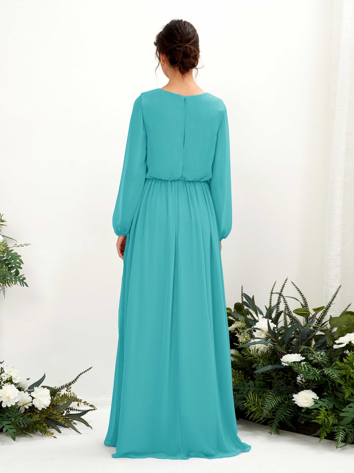 Turquoise Bridesmaid Dresses Bridesmaid Dress A-line Chiffon V-neck Full Length Long Sleeves Wedding Party Dress (81223823)#color_turquoise