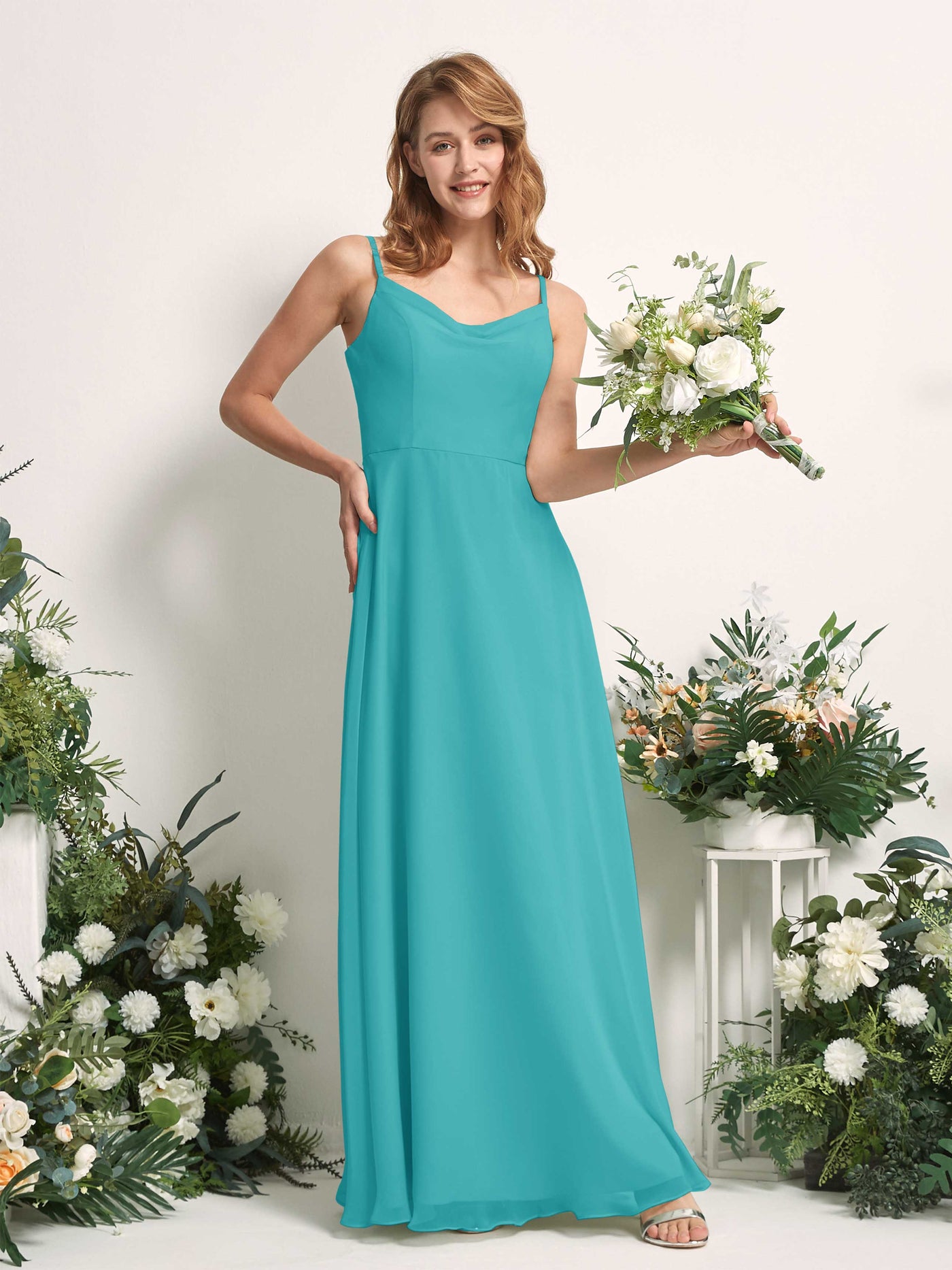 Bridesmaid Dress A-line Chiffon Spaghetti-straps Full Length Sleeveless Wedding Party Dress - Turquoise (81227223)#color_turquoise