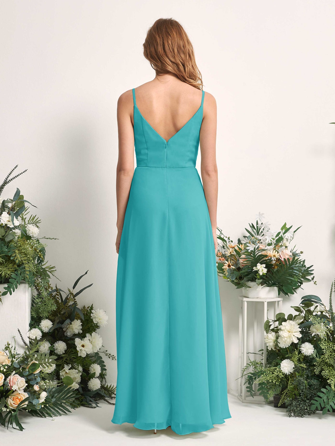 Bridesmaid Dress A-line Chiffon Spaghetti-straps Full Length Sleeveless Wedding Party Dress - Turquoise (81227223)#color_turquoise