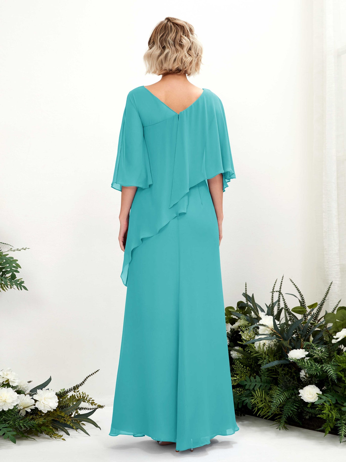 Turquoise Bridesmaid Dresses Bridesmaid Dress Bohemian Chiffon V-neck Full Length 3/4 Sleeves Wedding Party Dress (81222523)#color_turquoise