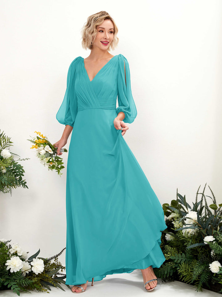 Turquoise Bridesmaid Dresses Bridesmaid Dress Chiffon V-neck Full Length Long Sleeves Wedding Party Dress (81223523)