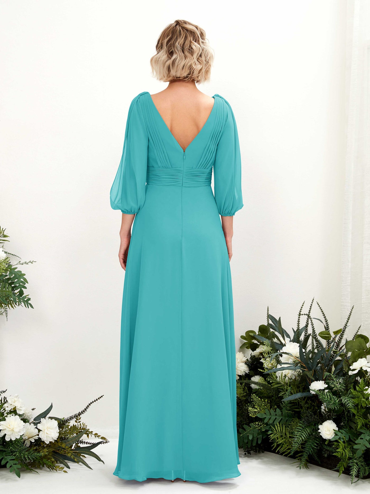 Turquoise Bridesmaid Dresses Bridesmaid Dress Chiffon V-neck Full Length Long Sleeves Wedding Party Dress (81223523)#color_turquoise