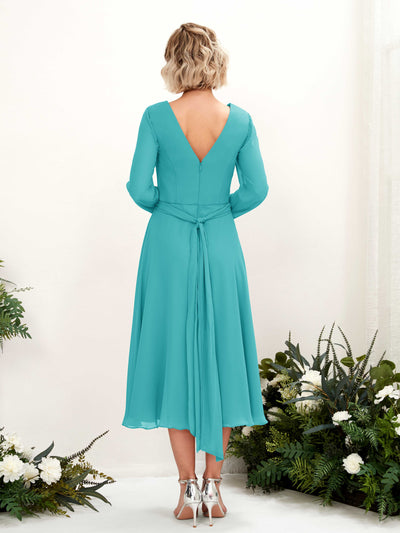 Carlyna Joanna A-Line Turquoise Bridesmaid Dress Midi Long Sleeve V-Neck Back View #color_turquoise