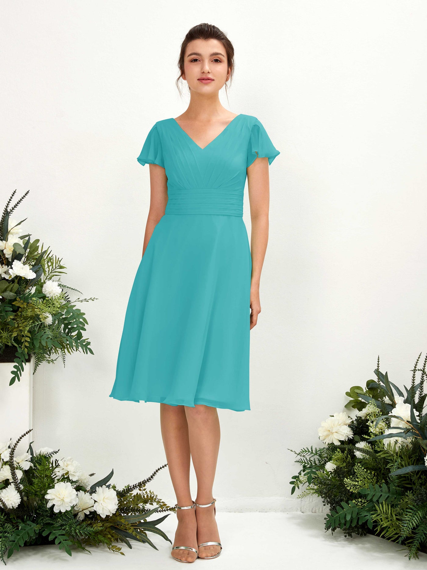 Turquoise Bridesmaid Dresses Bridesmaid Dress Chiffon V-neck Knee Length Short Sleeves Wedding Party Dress (81220223)#color_turquoise
