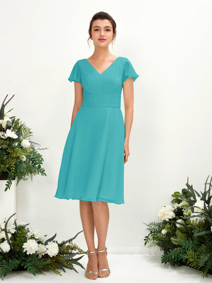 Turquoise Bridesmaid Dresses Bridesmaid Dress Chiffon V-neck Knee Length Short Sleeves Wedding Party Dress (81220223)