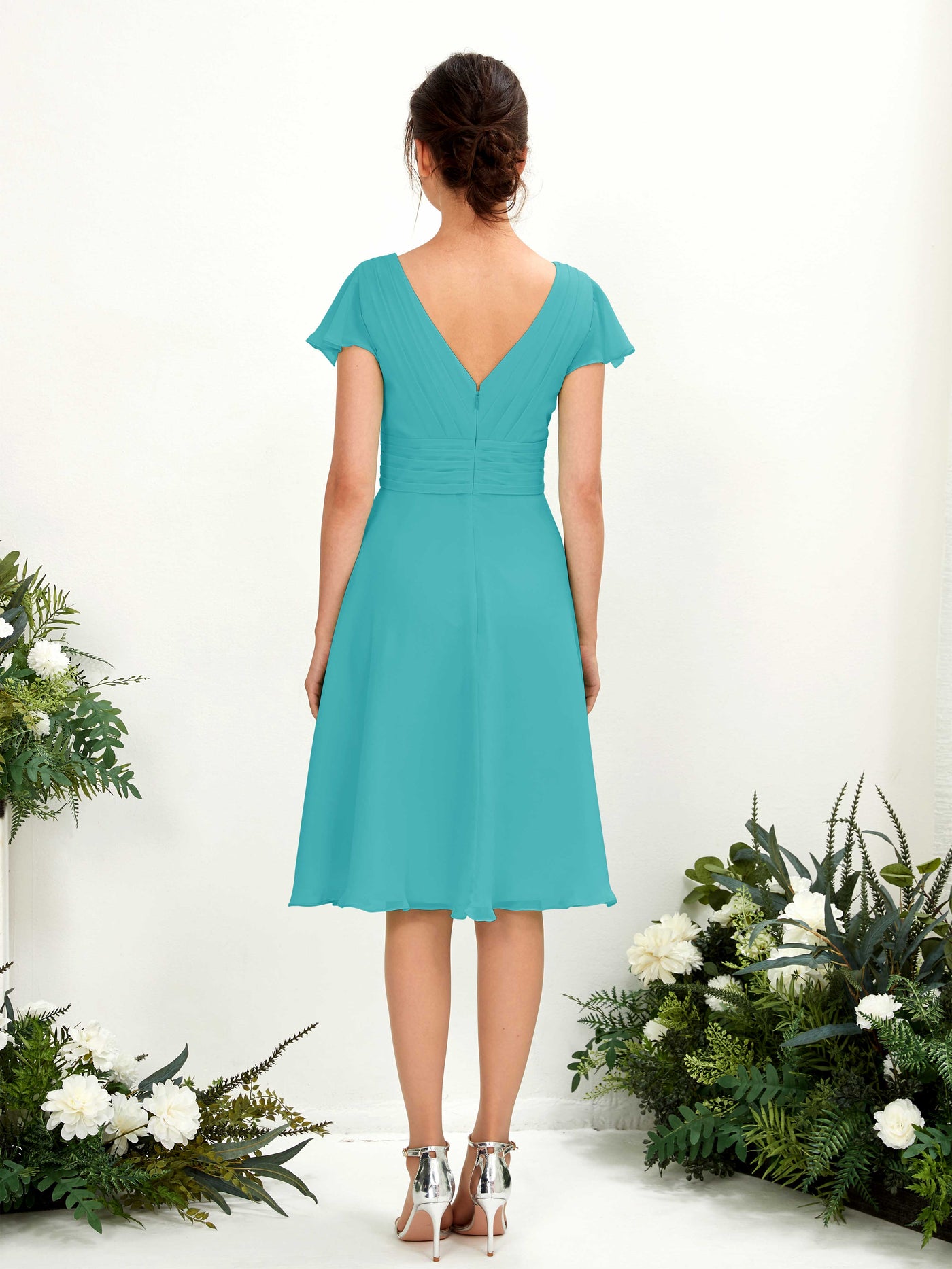 Turquoise Bridesmaid Dresses Bridesmaid Dress Chiffon V-neck Knee Length Short Sleeves Wedding Party Dress (81220223)#color_turquoise