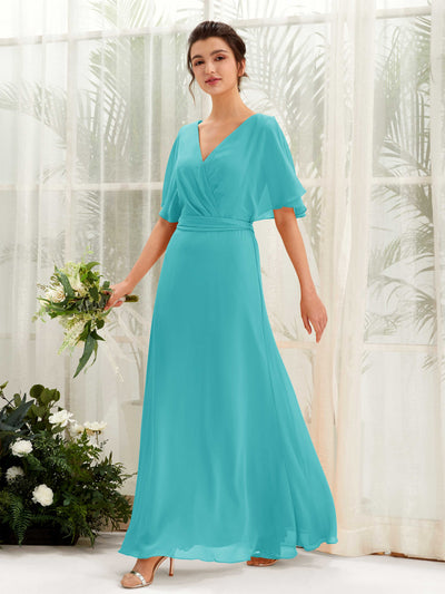 Turquoise Bridesmaid Dresses Bridesmaid Dress A-line Chiffon V-neck Full Length Short Sleeves Wedding Party Dress (81222423)#color_turquoise