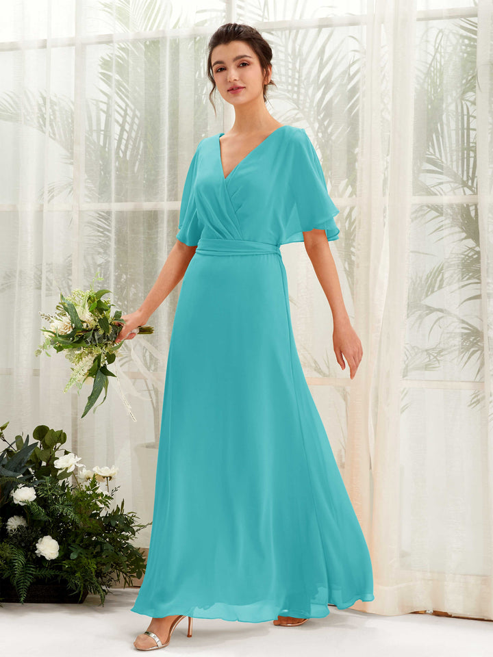 Turquoise Bridesmaid Dresses Bridesmaid Dress A-line Chiffon V-neck Full Length Short Sleeves Wedding Party Dress (81222423)