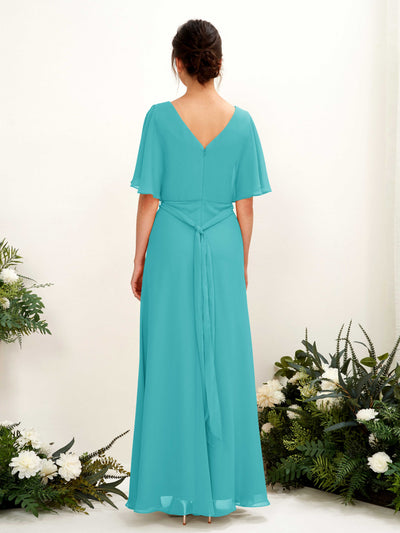 Carlyna Merta A-Line Turquoise Bridesmaid Dress Maxi Short Sleeve V-Neck Dress Back View #color_turquoise