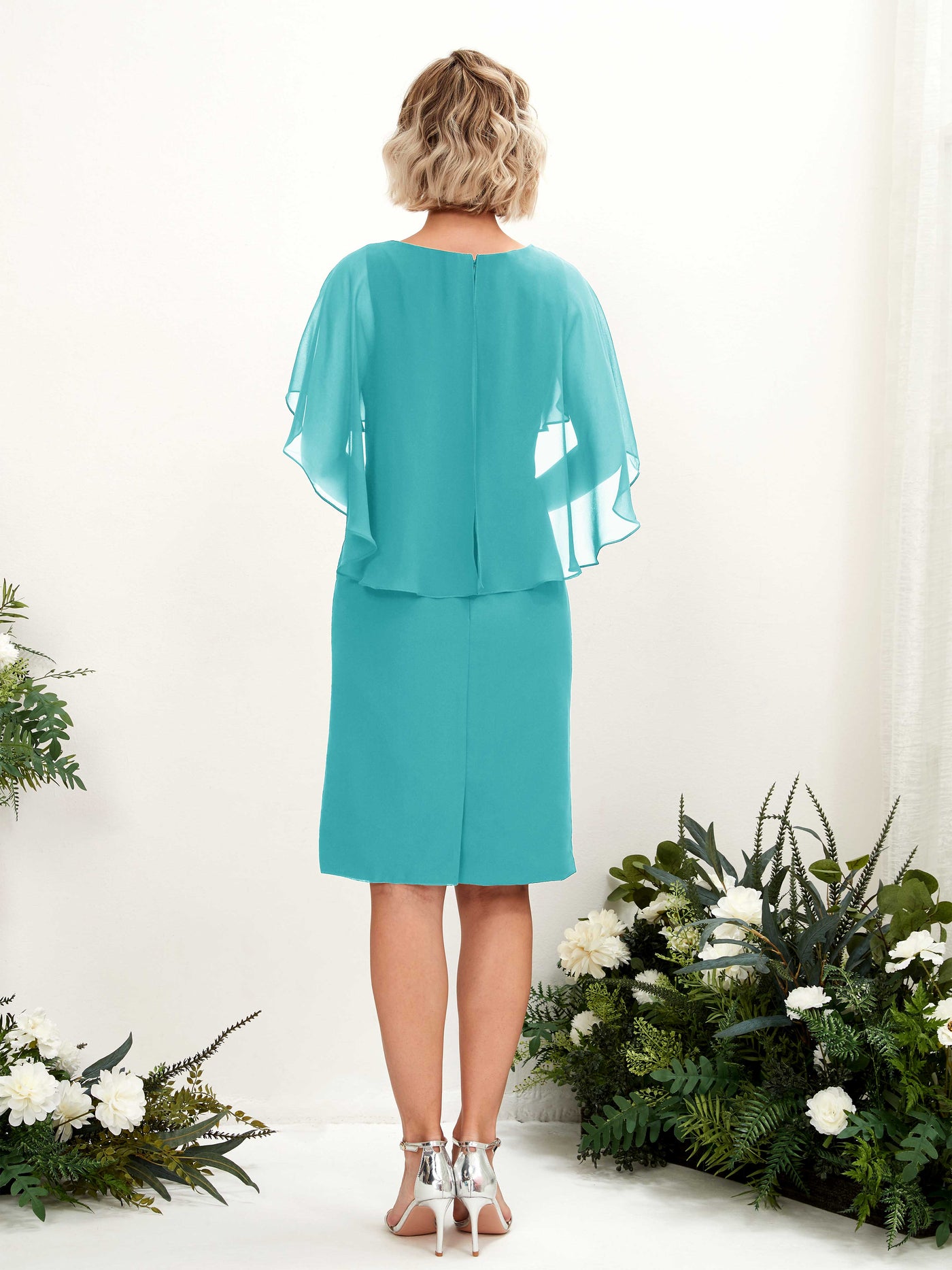 V-neck Short Sleeves Chiffon Bridesmaid Dress - Turquoise (81224023)#color_turquoise