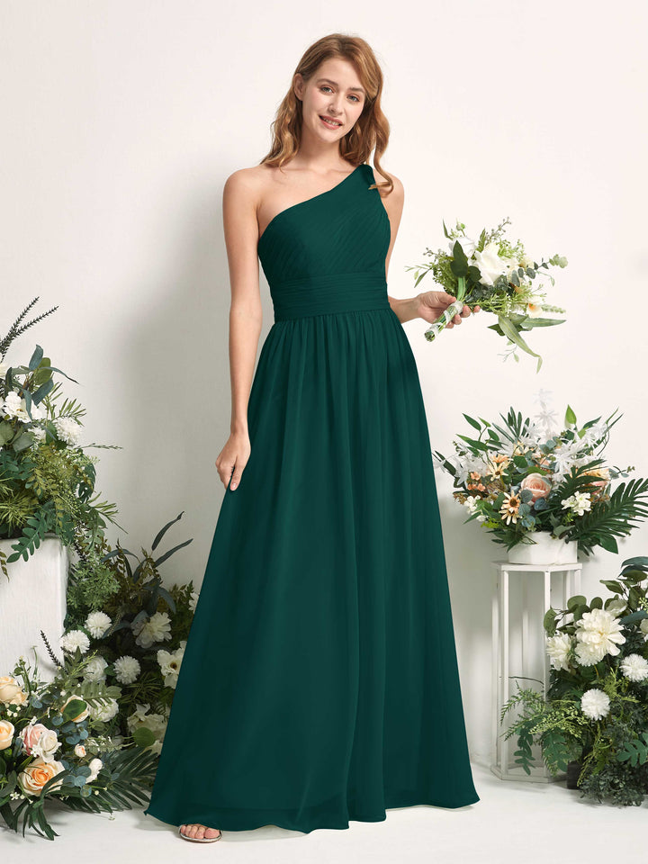 Bridesmaid Dress A-line Chiffon One Shoulder Full Length Sleeveless Wedding Party Dress - Dark Emerald (81226717)