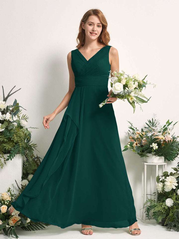 Bridesmaid Dress A-line Chiffon V-neck Full Length Sleeveless Wedding Party Dress - Dark Emerald (81227117)
