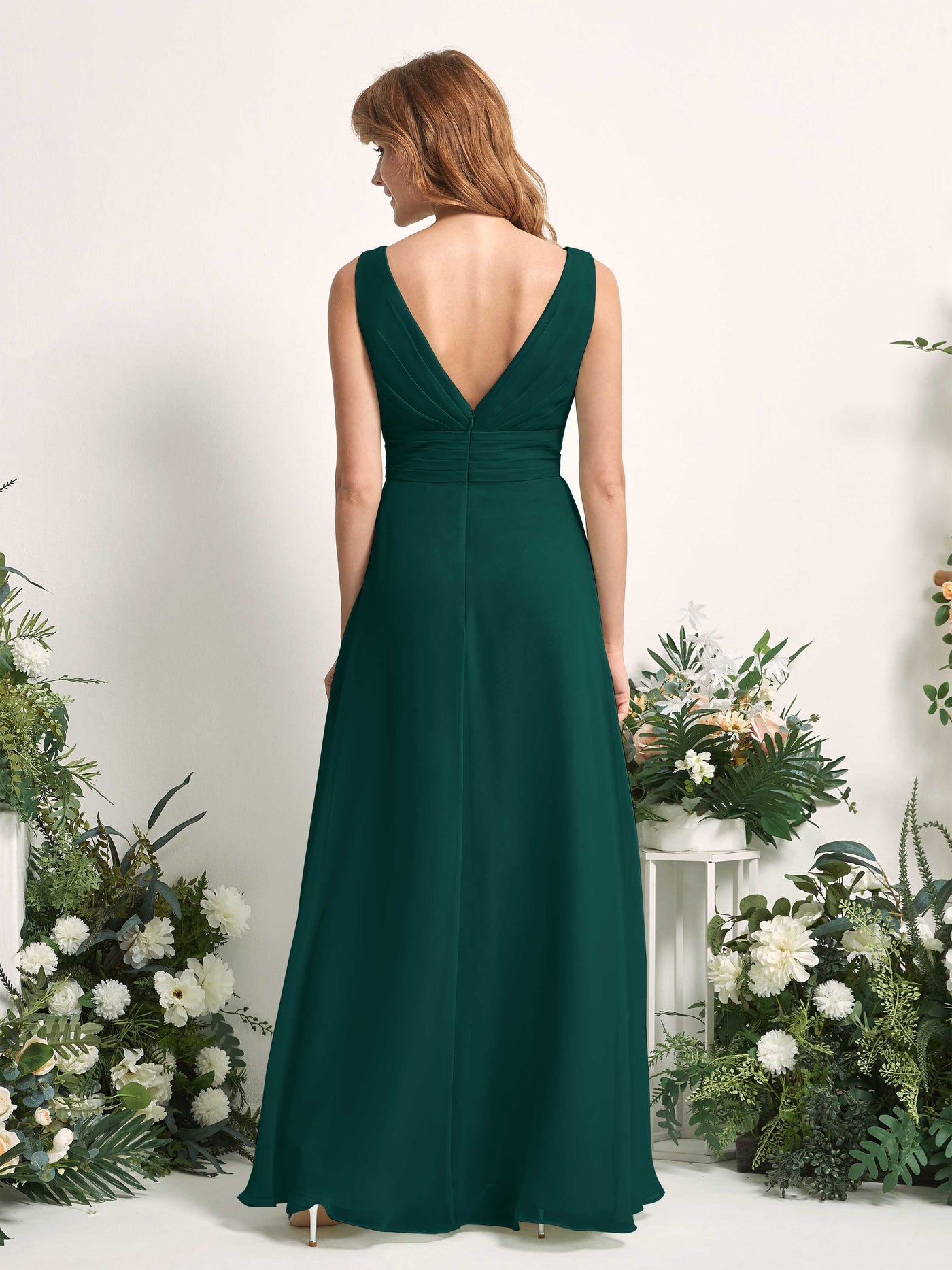 Bridesmaid Dress A-line Chiffon V-neck Full Length Sleeveless Wedding Party Dress - Dark Emerald (81227117)#color_dark-emerald