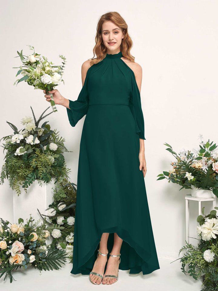 Bridesmaid Dress A-line Chiffon Halter High Low 3/4 Sleeves Wedding Party Dress - Dark Emerald (81227617)