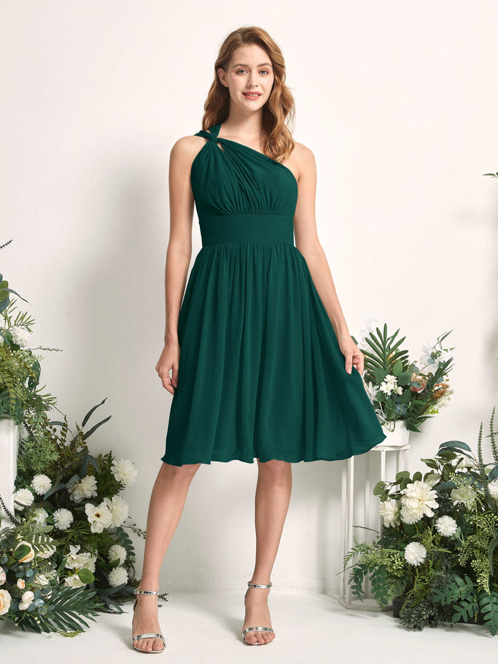 Bridesmaid Dress A-line Chiffon One Shoulder Knee Length Sleeveless Wedding Party Dress - Dark Emerald (81221217)