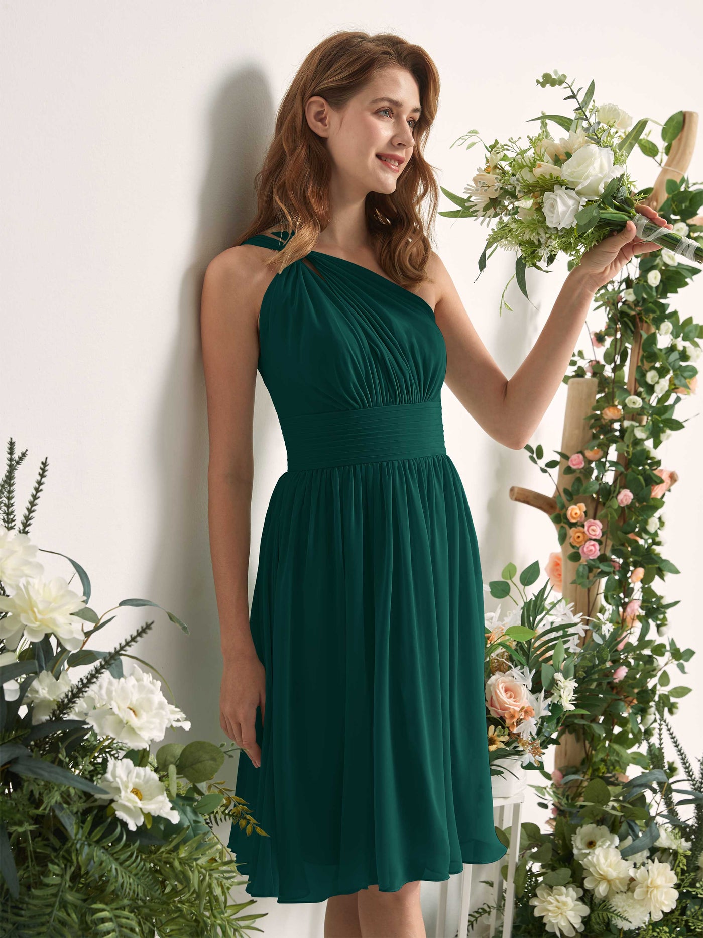 Bridesmaid Dress A-line Chiffon One Shoulder Knee Length Sleeveless Wedding Party Dress - Dark Emerald (81221217)#color_dark-emerald