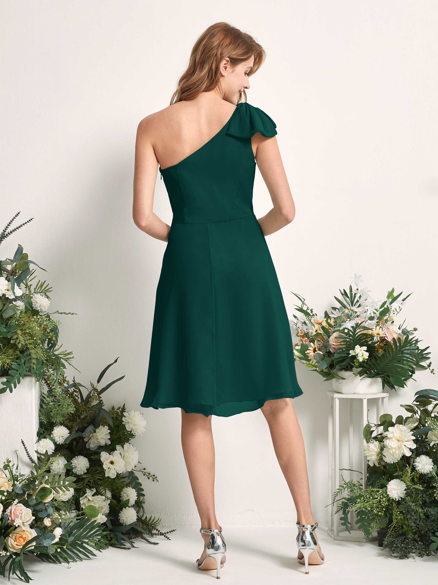 Bridesmaid Dress A-line Chiffon One Shoulder Knee Length Sleeveless Wedding Party Dress - Dark Emerald (81227017)#color_dark-emerald