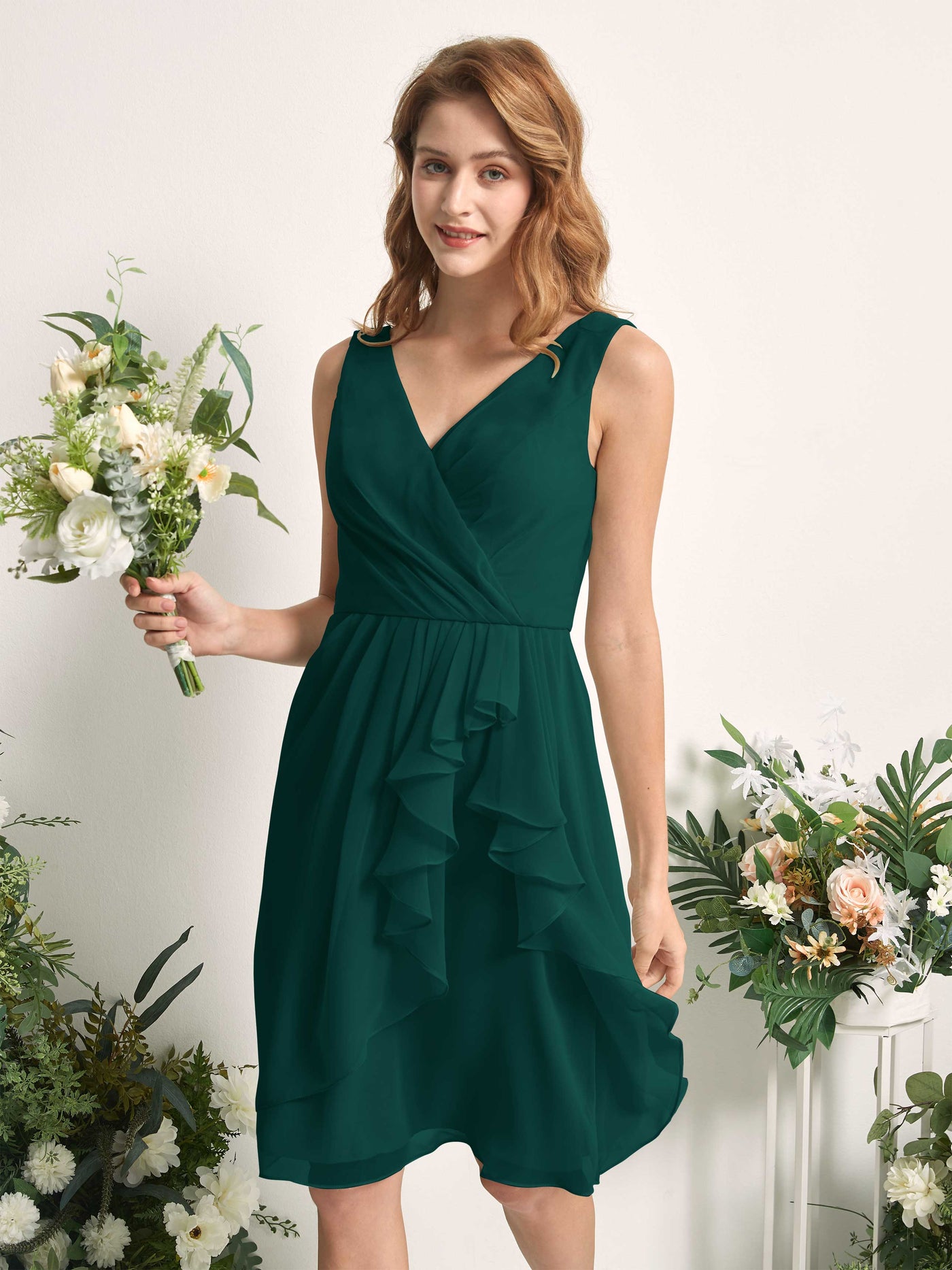 Bridesmaid Dress A-line Chiffon Straps Knee Length Sleeveless Wedding Party Dress - Dark Emerald (81226617)#color_dark-emerald