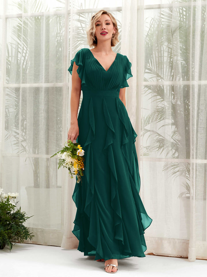 A-line Open back V-neck Short Sleeves Chiffon Bridesmaid Dress - Dark Emerald (81226017)