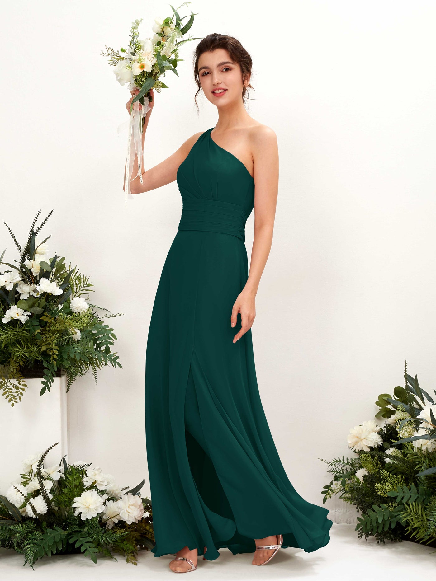 Dark Emerald Bridesmaid Dresses Bridesmaid Dress A-line Chiffon One Shoulder Full Length Sleeveless Wedding Party Dress (81224717)#color_dark-emerald