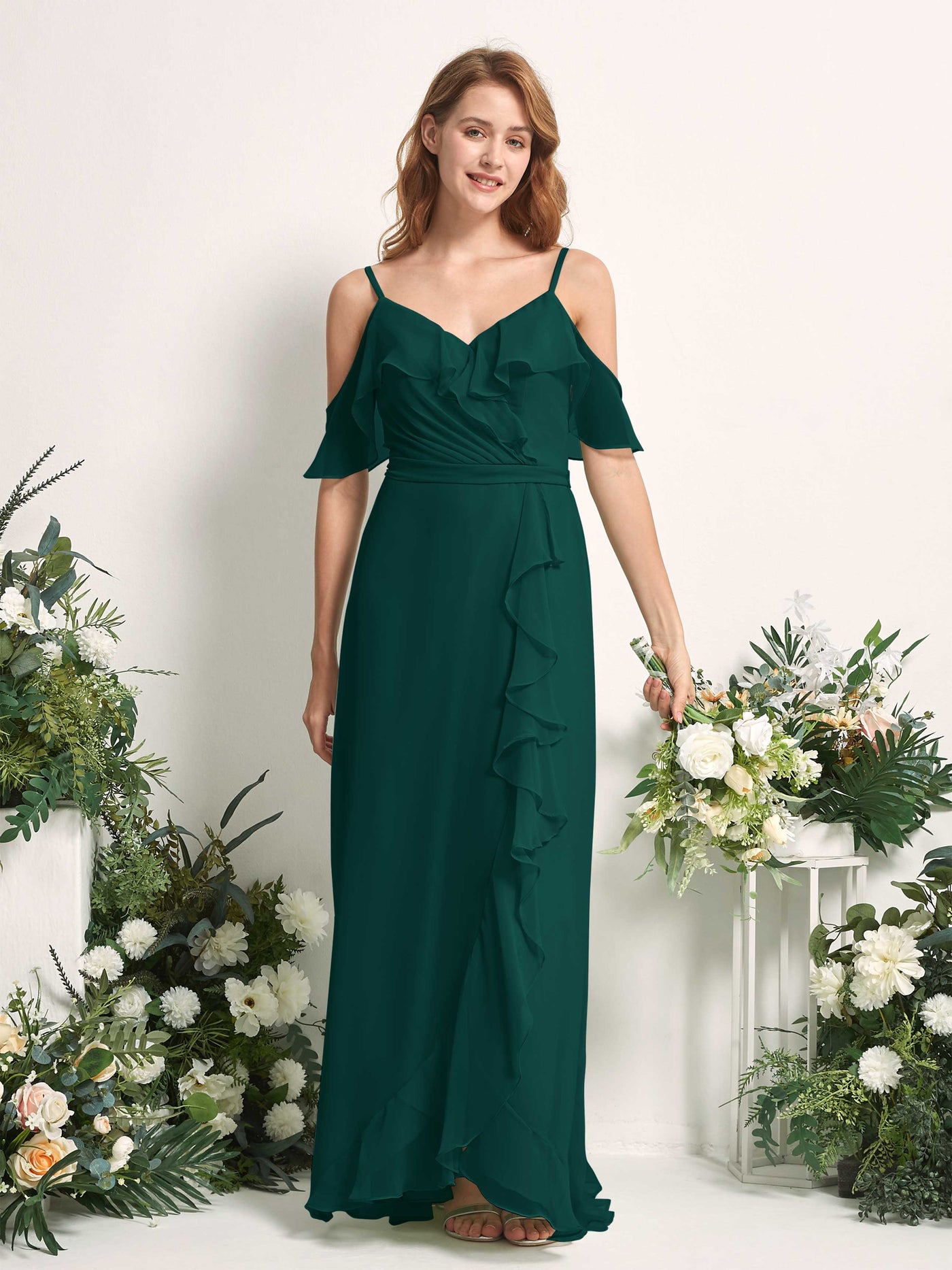 Bridesmaid Dress A-line Chiffon Spaghetti-straps Full Length Sleeveless Wedding Party Dress - Dark Emerald (81227417)#color_dark-emerald