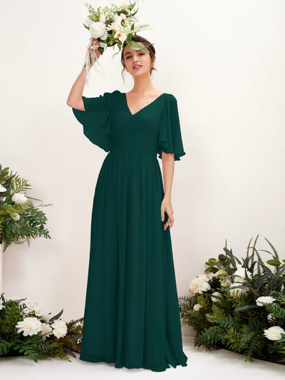 Dark Emerald Bridesmaid Dresses Bridesmaid Dress A-line Chiffon V-neck Full Length 1/2 Sleeves Wedding Party Dress (81221617)#color_dark-emerald