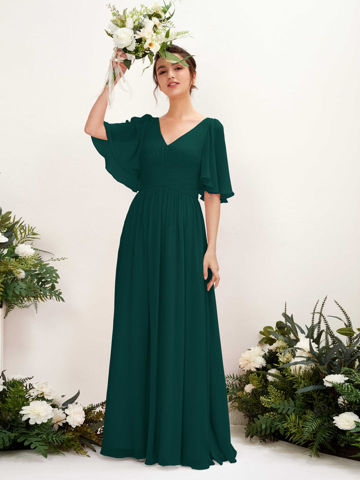 Dark Emerald Bridesmaid Dresses Bridesmaid Dress A-line Chiffon V-neck Full Length 1/2 Sleeves Wedding Party Dress (81221617)