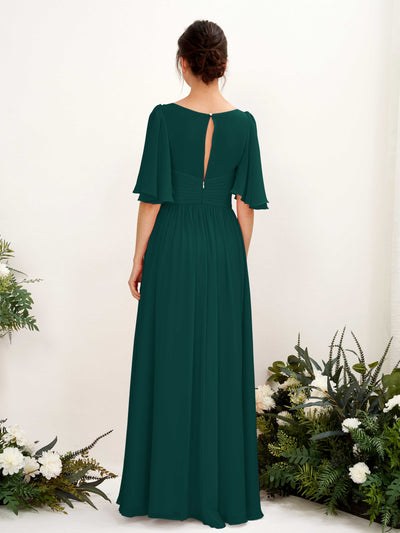 Carlyna Odette A-Line Dark Emerald Bridesmaid Dress Maxi Short Sleeve V-Neck Dress Back View #color_dark-emerald
