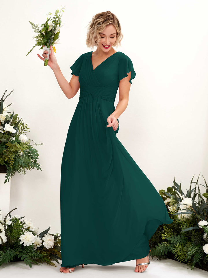 Dark Emerald Bridesmaid Dresses Bridesmaid Dress A-line Chiffon V-neck Full Length Short Sleeves Wedding Party Dress (81224317)