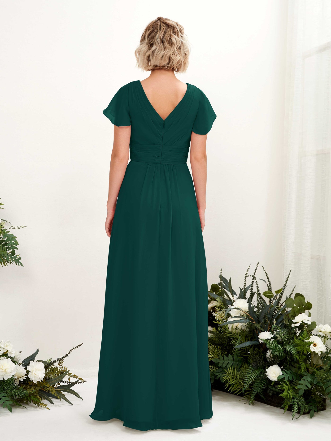 Dark Emerald Bridesmaid Dresses Bridesmaid Dress A-line Chiffon V-neck Full Length Short Sleeves Wedding Party Dress (81224317)#color_dark-emerald