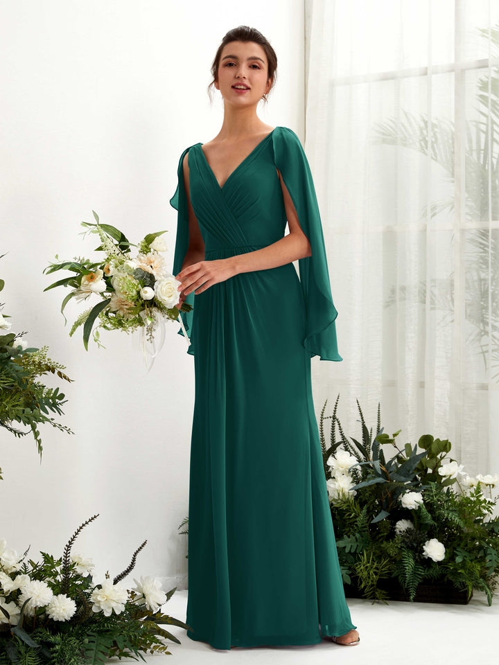 Dark Emerald Bridesmaid Dresses Bridesmaid Dress A-line Chiffon Straps Full Length Long Sleeves Wedding Party Dress (80220117)