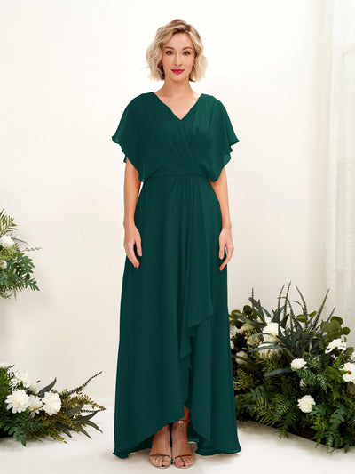 Dark Emerald Bridesmaid Dresses Bridesmaid Dress A-line Chiffon V-neck Full Length Short Sleeves Wedding Party Dress (81222117)#color_dark-emerald