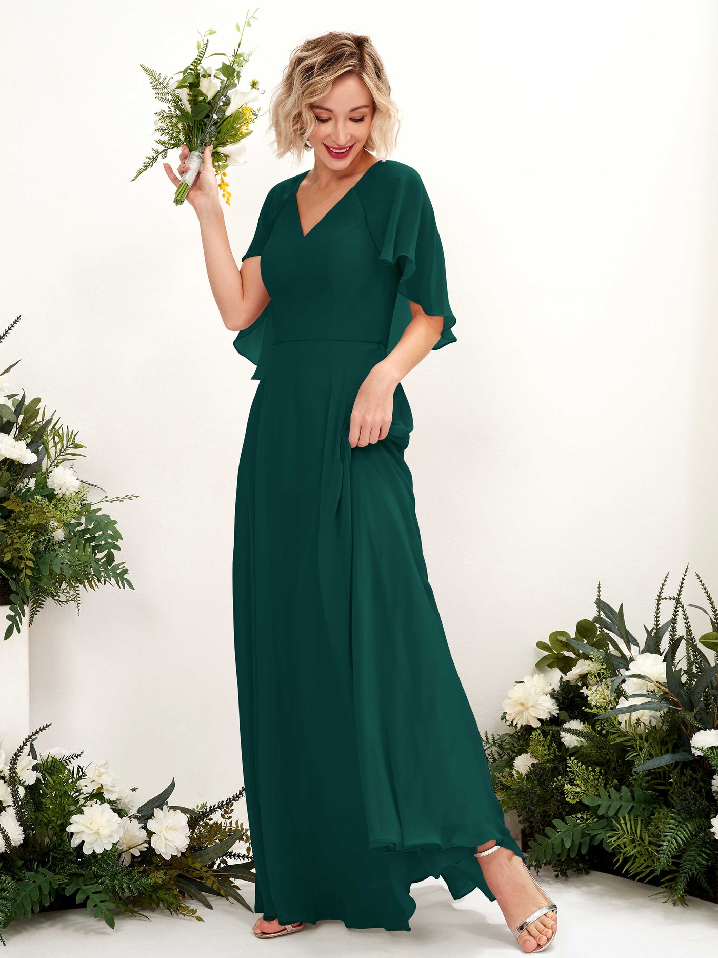 Dark Emerald Bridesmaid Dresses Bridesmaid Dress A-line Chiffon V-neck Full Length Short Sleeves Wedding Party Dress (81224417)#color_dark-emerald