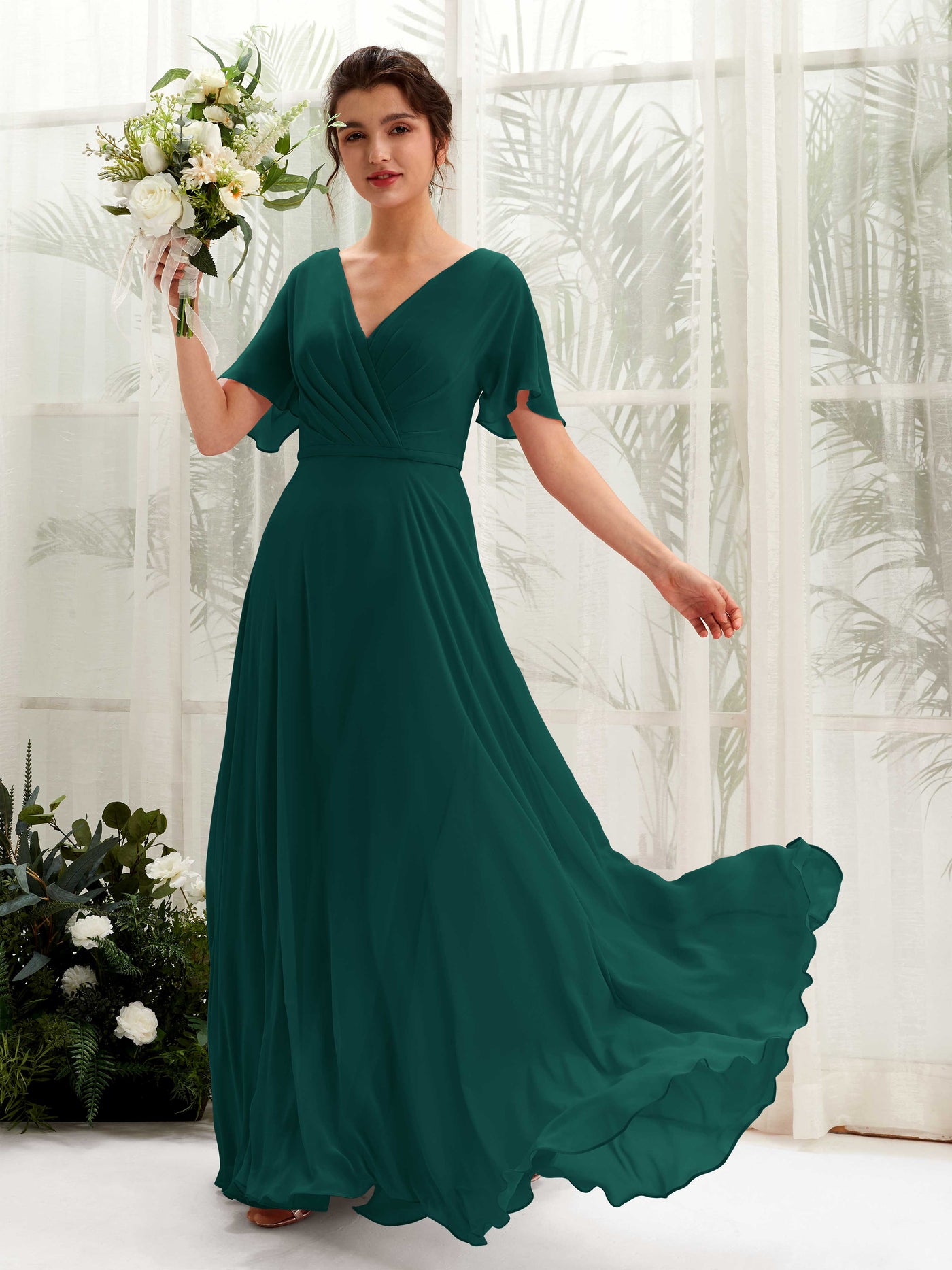 Dark Emerald Bridesmaid Dresses Bridesmaid Dress A-line Chiffon V-neck Full Length Short Sleeves Wedding Party Dress (81224617)#color_dark-emerald