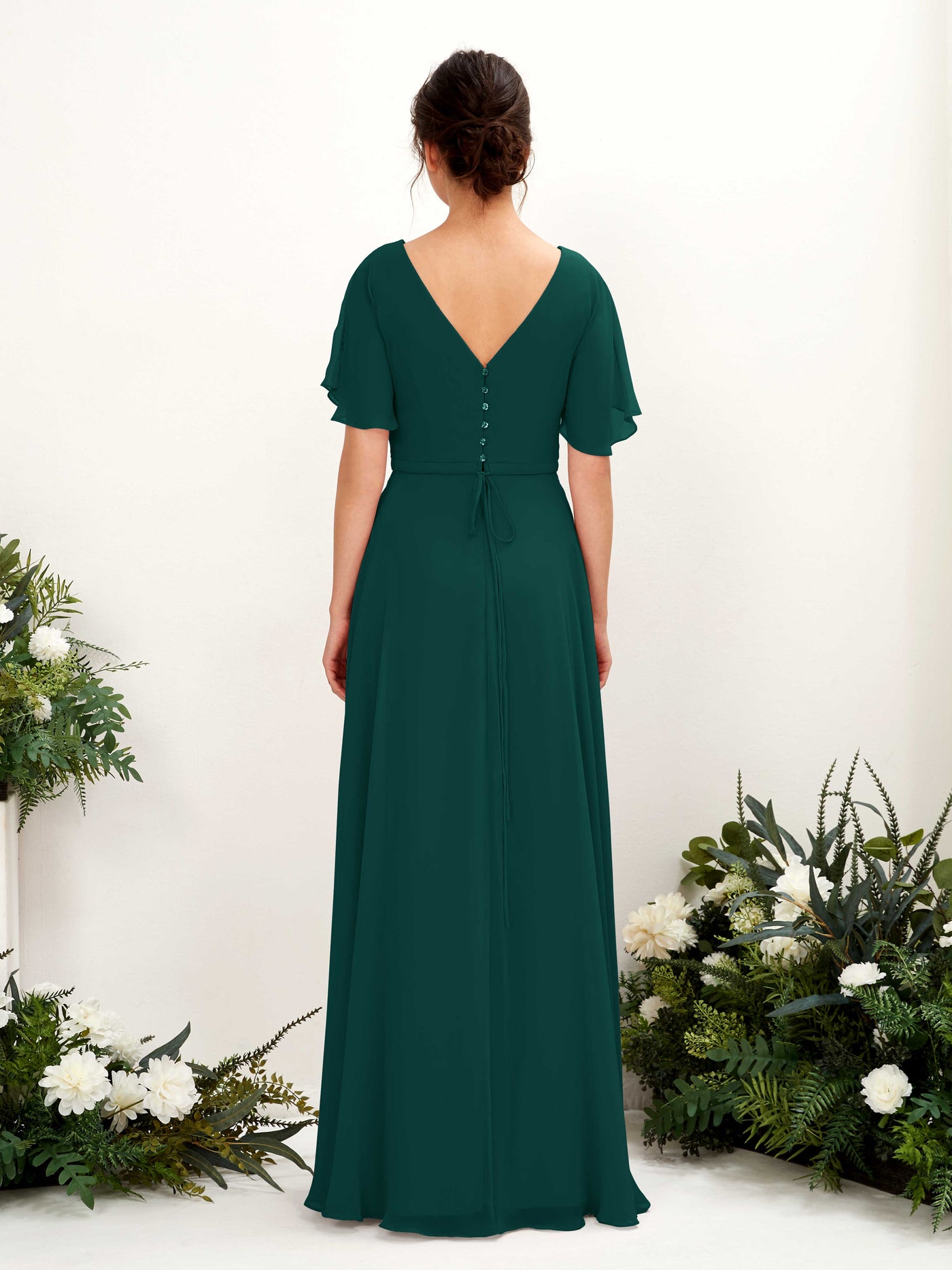 Dark Emerald Bridesmaid Dresses Bridesmaid Dress A-line Chiffon V-neck Full Length Short Sleeves Wedding Party Dress (81224617)#color_dark-emerald