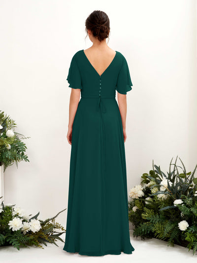 Carlyna Daphne A-Line Dark Emerald Bridesmaid Dress Maxi Short Sleeve V-Neck Dress Back View #color_dark-emerald