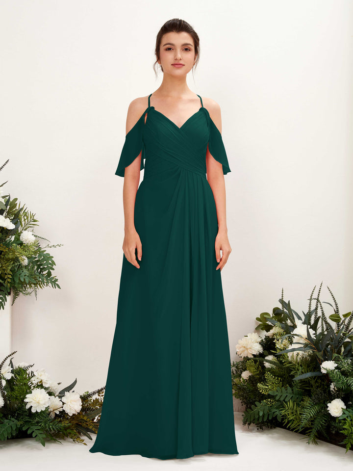 Ball Gown Off Shoulder Spaghetti-straps Chiffon Bridesmaid Dress - Dark Emerald (81221717)