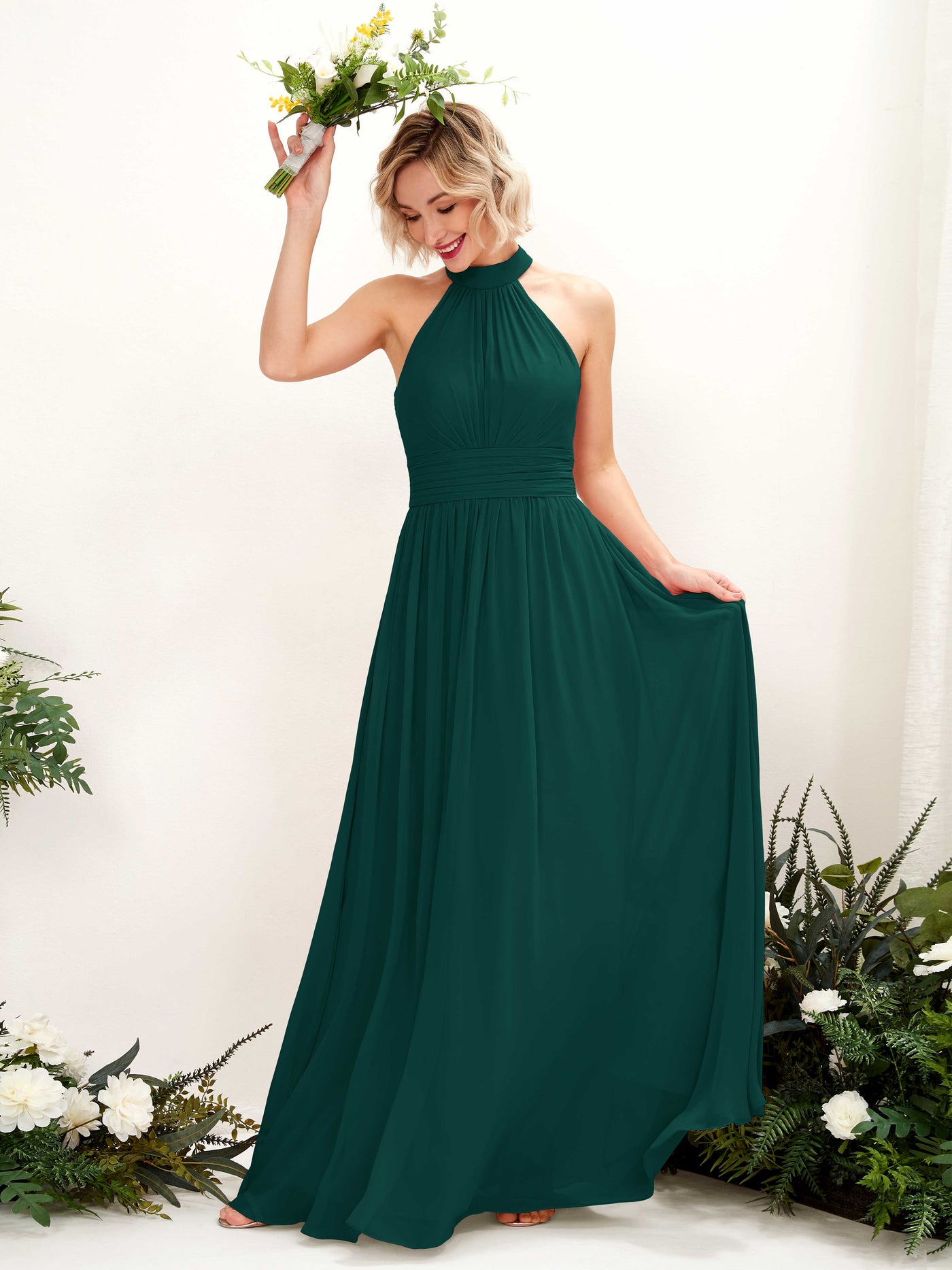 Dark Emerald Bridesmaid Dresses Bridesmaid Dress A-line Chiffon Halter Full Length Sleeveless Wedding Party Dress (81225317)#color_dark-emerald