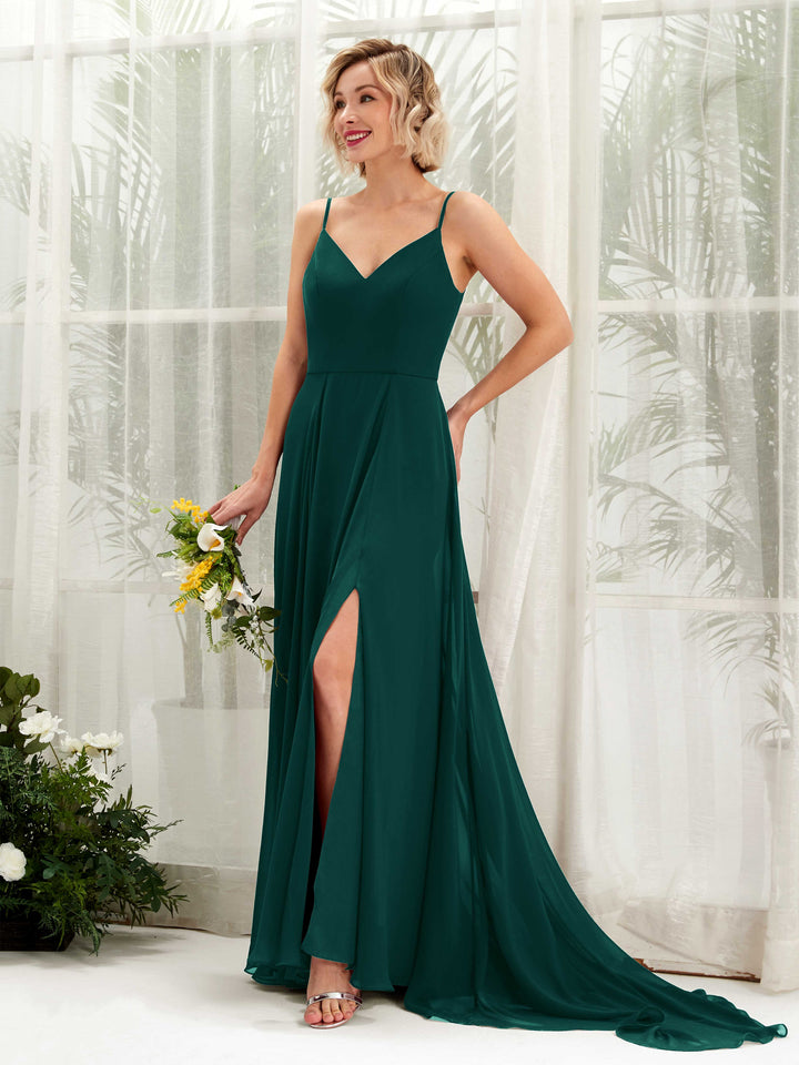Dark Emerald Bridesmaid Dresses Bridesmaid Dress A-line Chiffon V-neck Full Length Sleeveless Wedding Party Dress (81224117)