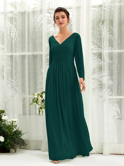 Dark Emerald Bridesmaid Dresses Bridesmaid Dress A-line Chiffon V-neck Full Length Long Sleeves Wedding Party Dress (81220317)#color_dark-emerald