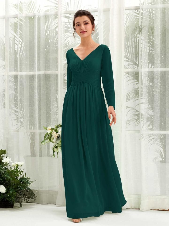 Dark Emerald Bridesmaid Dresses Bridesmaid Dress A-line Chiffon V-neck Full Length Long Sleeves Wedding Party Dress (81220317)