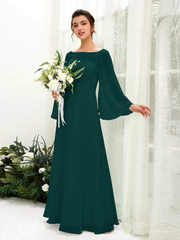 Dark Emerald Bridesmaid Dresses Bridesmaid Dress A-line Chiffon Bateau Full Length Long Sleeves Wedding Party Dress (81220517)#color_dark-emerald