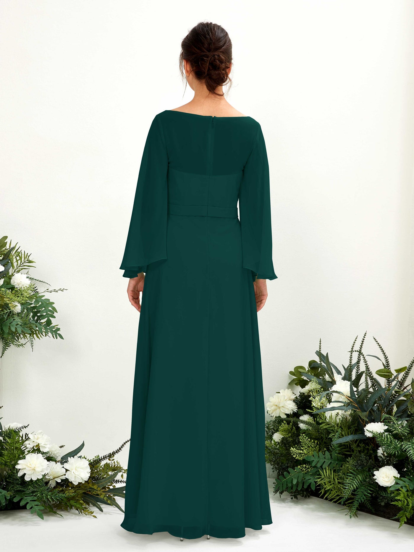 Dark Emerald Bridesmaid Dresses Bridesmaid Dress A-line Chiffon Bateau Full Length Long Sleeves Wedding Party Dress (81220517)#color_dark-emerald