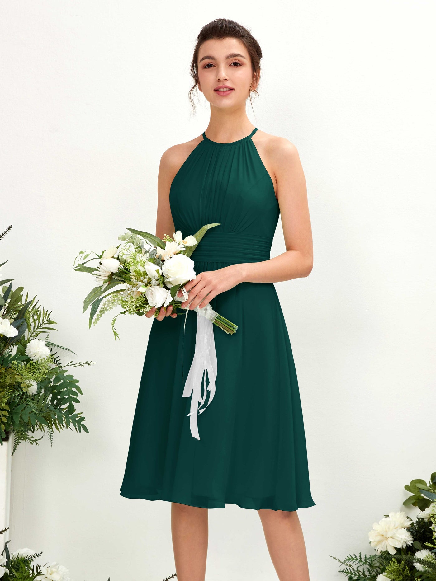 Dark Emerald Bridesmaid Dresses Bridesmaid Dress A-line Chiffon Halter Knee Length Sleeveless Wedding Party Dress (81220117)#color_dark-emerald